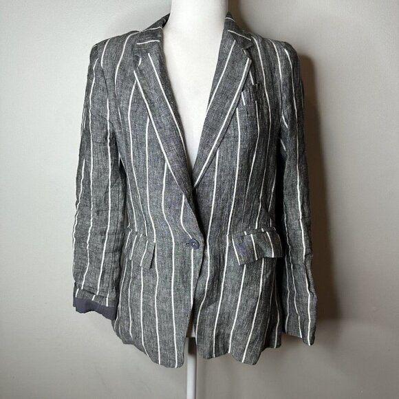 Olivaceous Women's Linen Blend Blazer Jacket Career Size S Gray White Striped - Picture 1 of 11